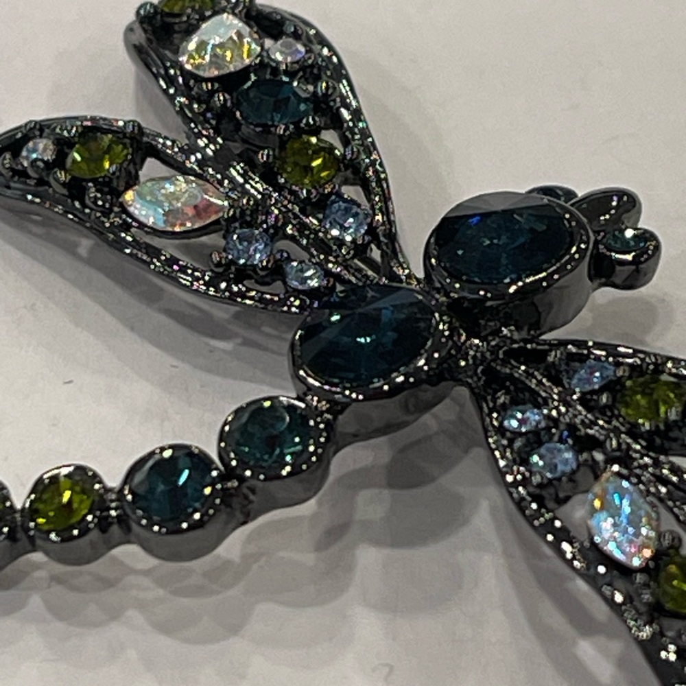 Vintage Multicolor Rhinestone Dragonfly Brooch Black Metal  Has Crown Mark - Picture 3 of 16